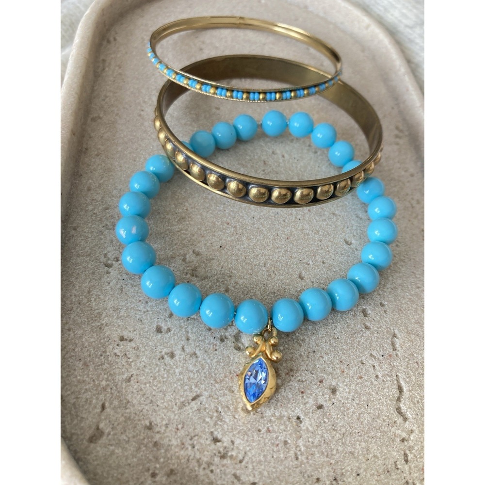 Boho Turquoise Colored‎ Bracelet Set Of 3 Stack Gold Tone Bangle Rhinestone